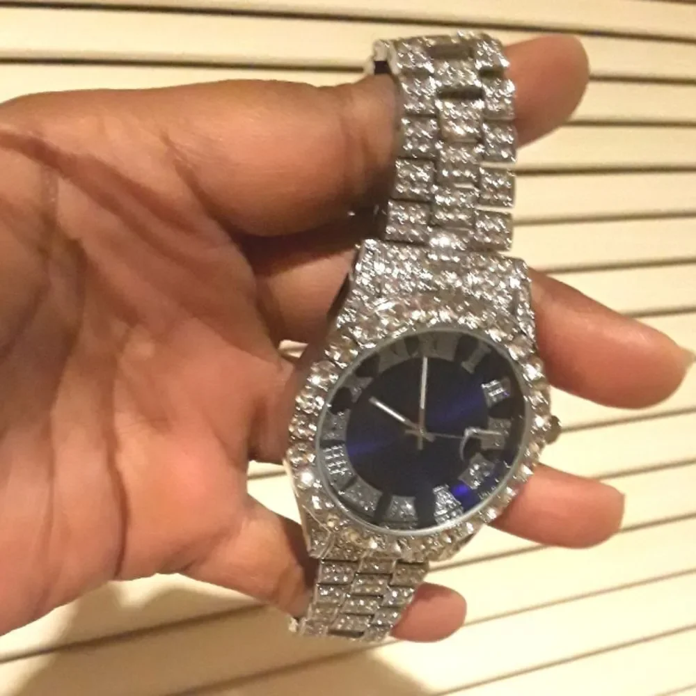 Mens Simulated Diamond Cuban Link With Blue Face Watch